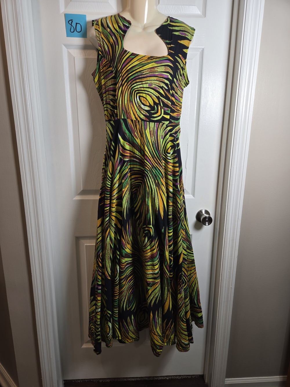 Ashro Maxi Dress with Green, Yellow & Purple Swirl Print 10 Cotton Fit & Flare